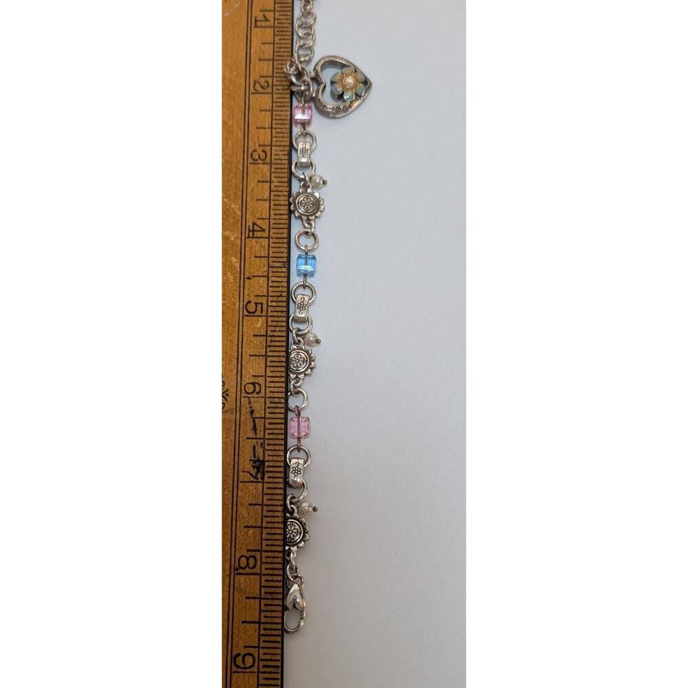 Brighton Flower Charm Bracelet 7.5in Silver Tone Pink Blue Beads